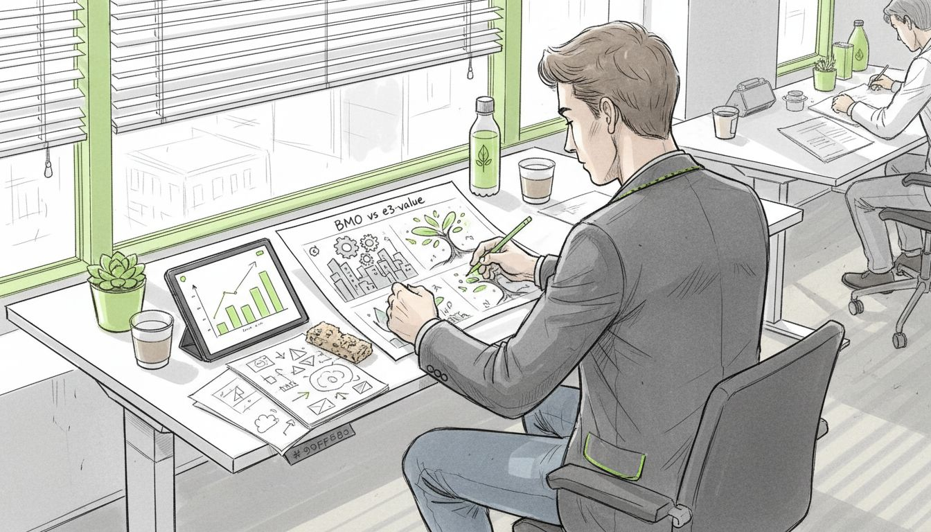 Entrepreneur annotates business model chart at desk