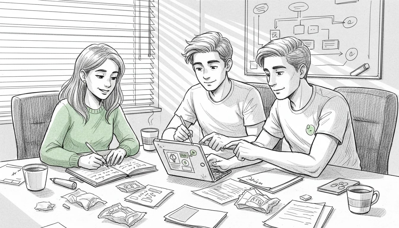 Startup team testing product prototype together