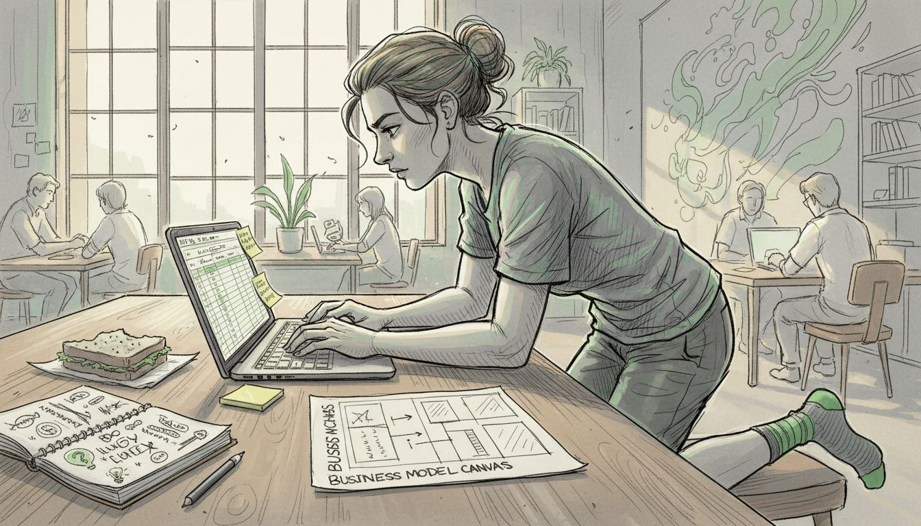 Founder iterating business model at startup table