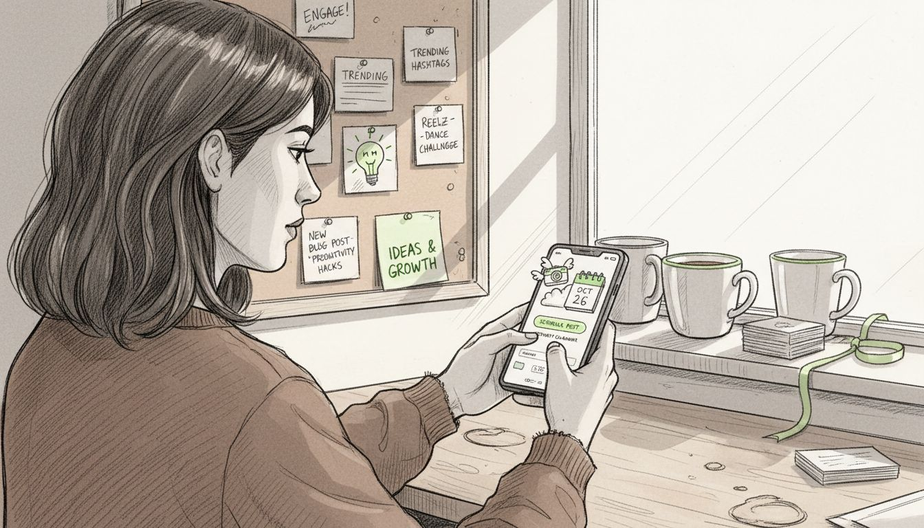 Marketer scheduling social media at coworking space