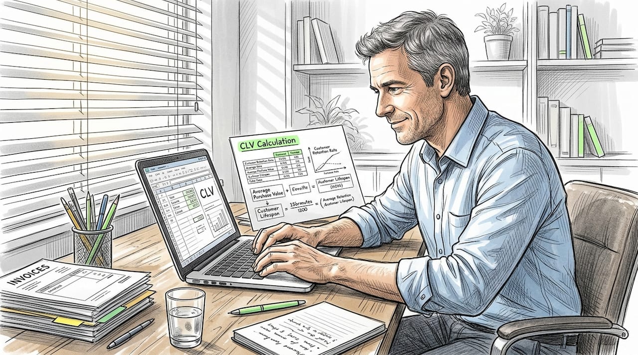 Entrepreneur calculates customer lifetime value at desk