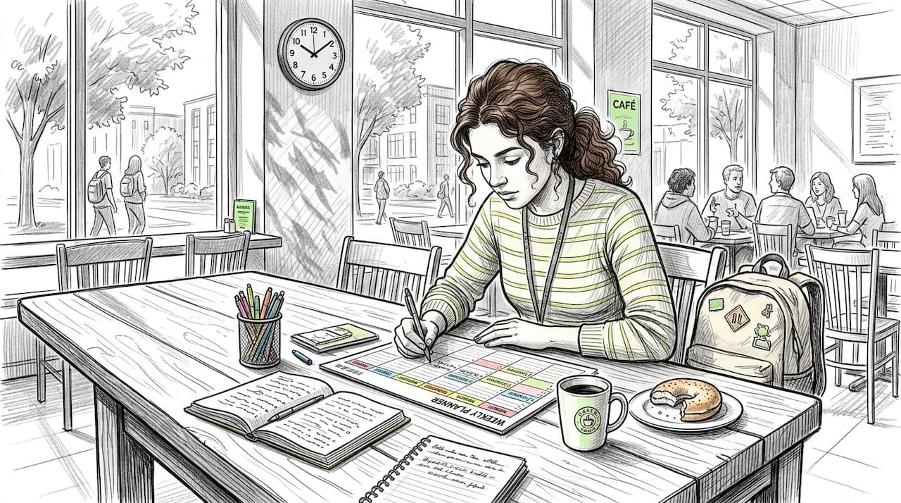 Student creating a hand-drawn time-blocking schedule