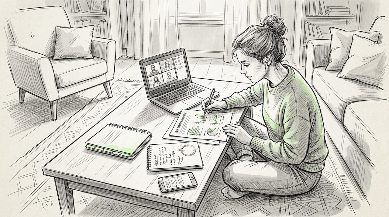 Founder reviewing traction data at coffee table