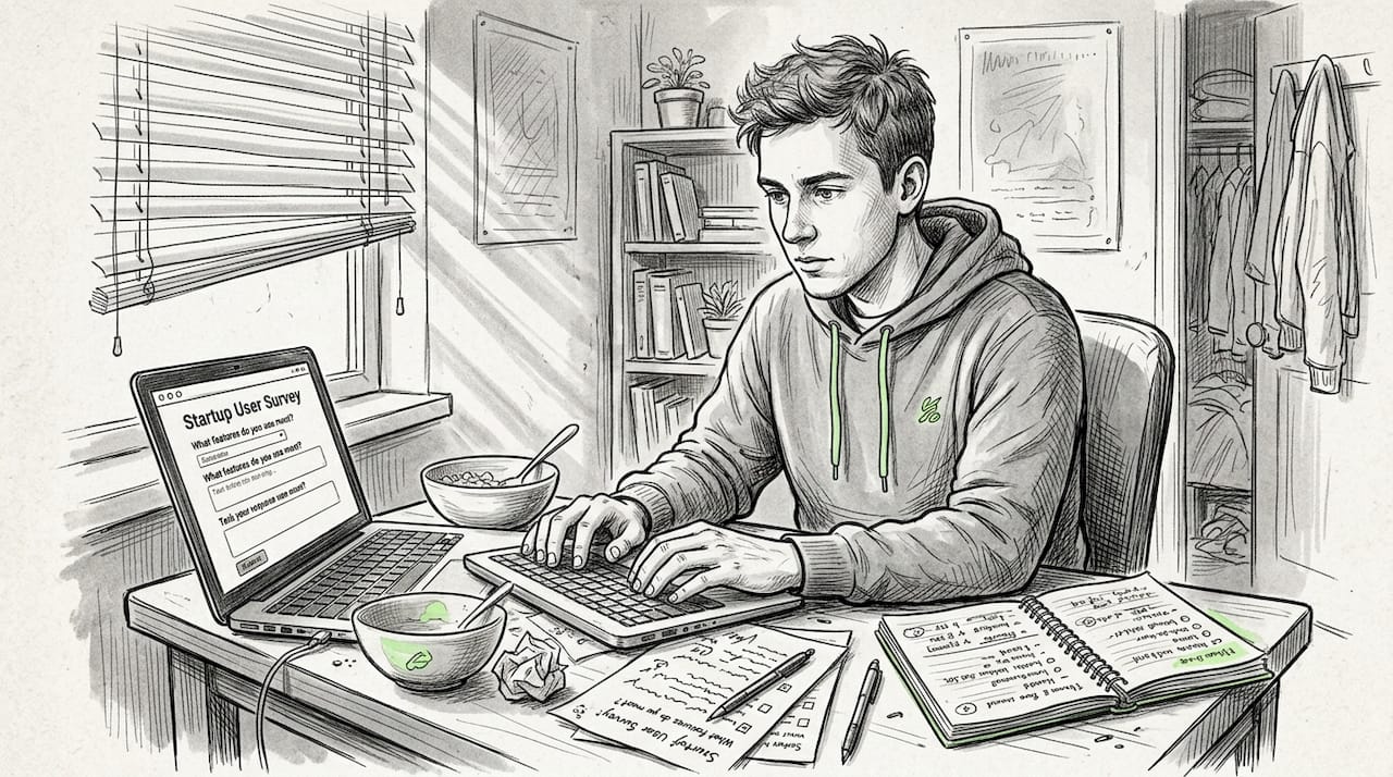 Founder completing startup product iteration strategy user survey at desk