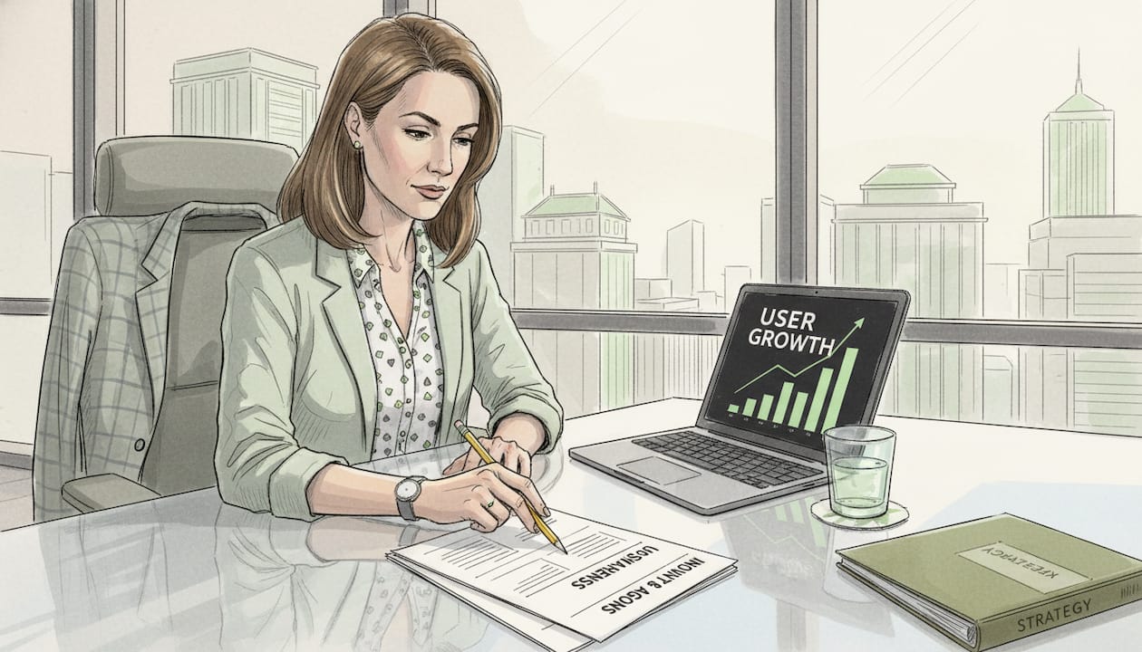 Investor reviewing startup metrics at office table