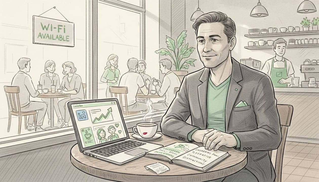Man selecting digital brand channels in café