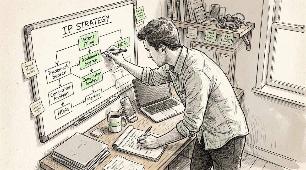 Founder mapping IP strategy on whiteboard