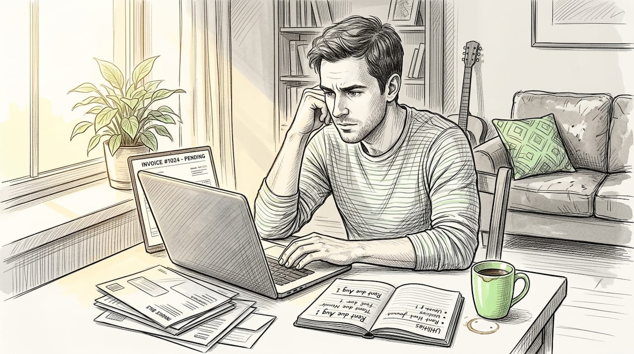 Freelancer reviewing invoices at dining table