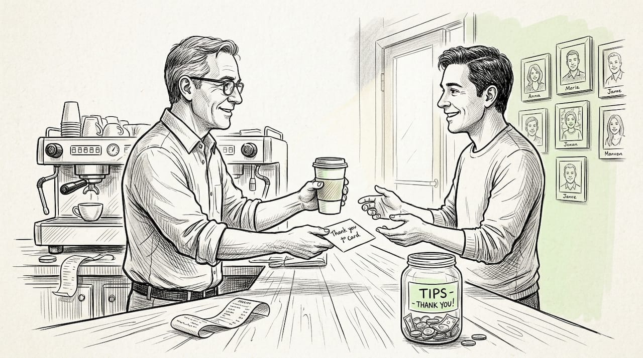 Shop owner showing gratitude to repeat customer