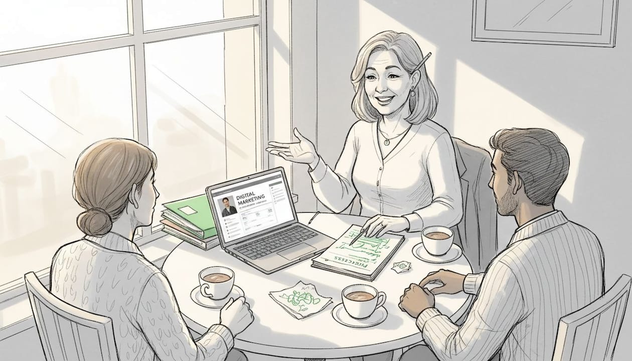 Woman consulting nonprofit team at café table