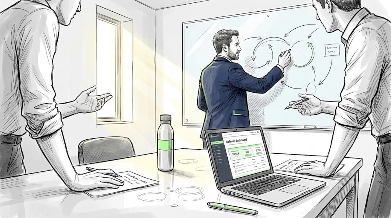 Team plans referral strategy in conference room