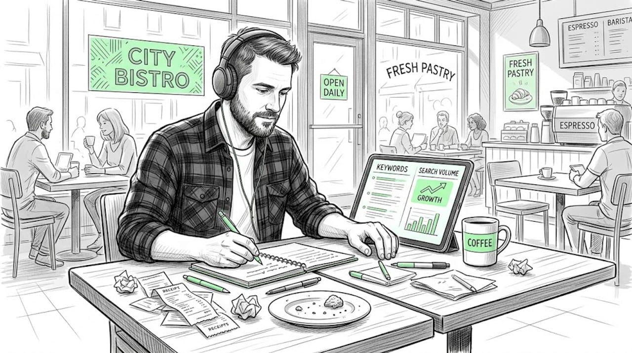 Freelancer doing keyword research in café