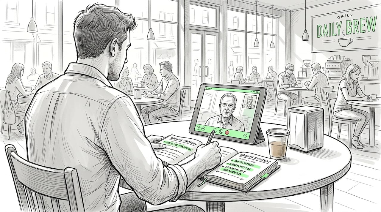 Startup founder consults mentor in busy café
