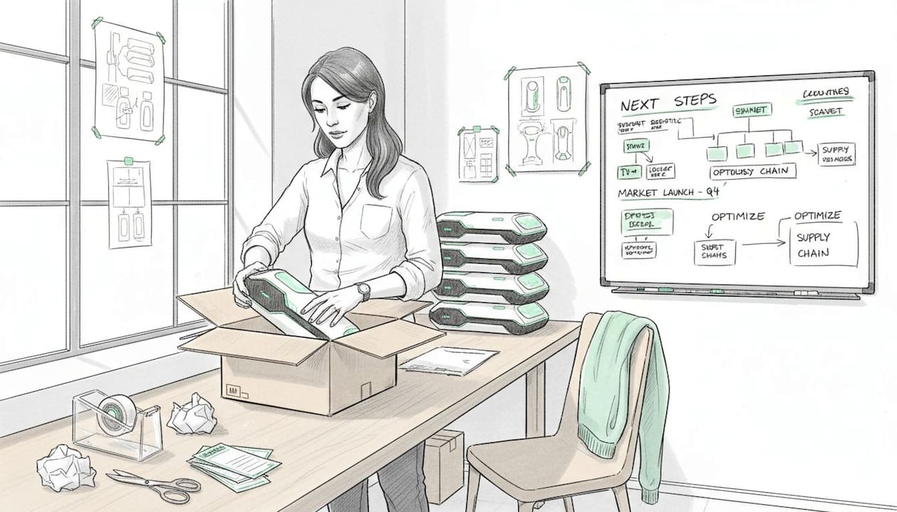 Entrepreneur packing product in workspace