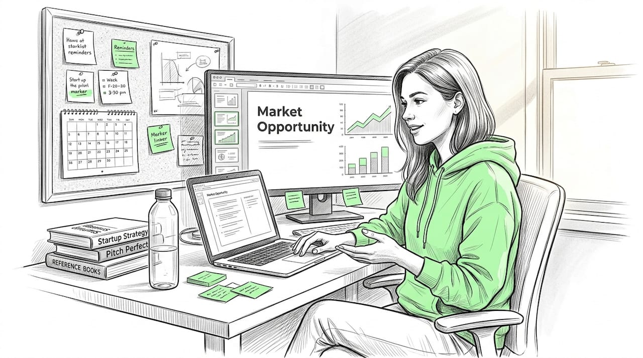 Entrepreneur preparing for a pitch at home