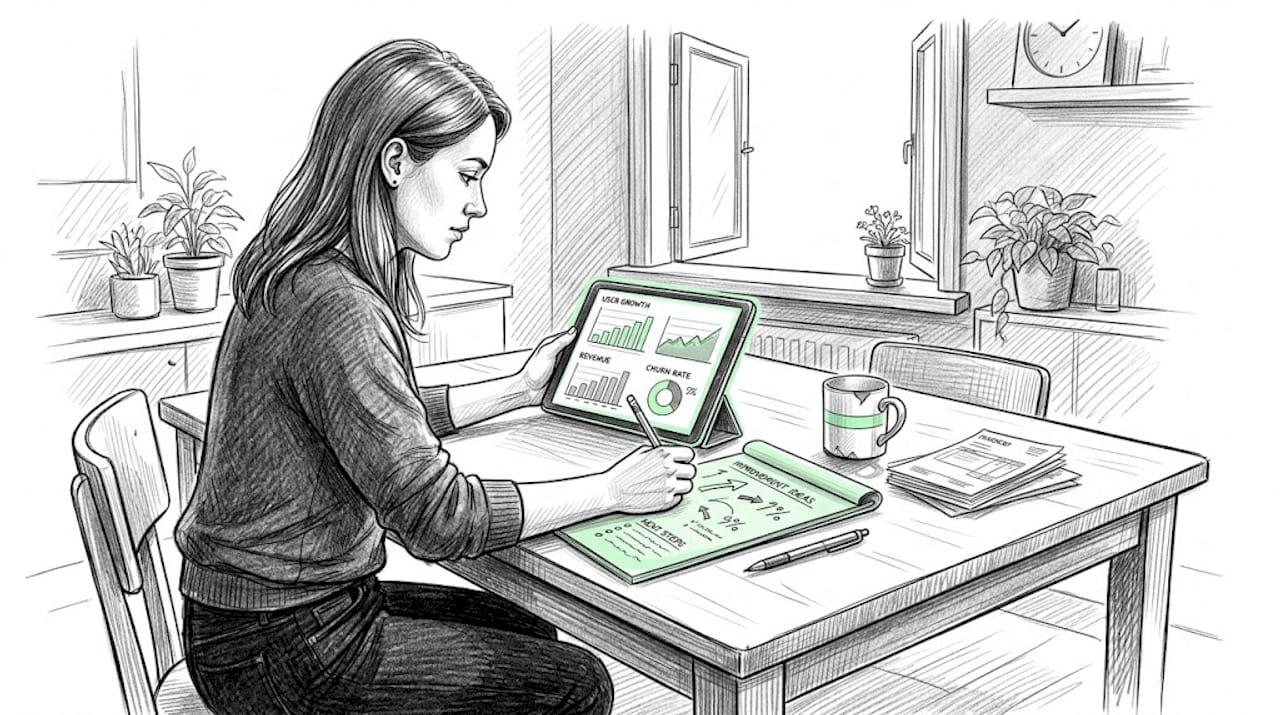 Founder reviewing metrics at home kitchen table