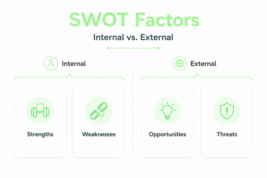 Infographic visualizing SWOT categories internal and external