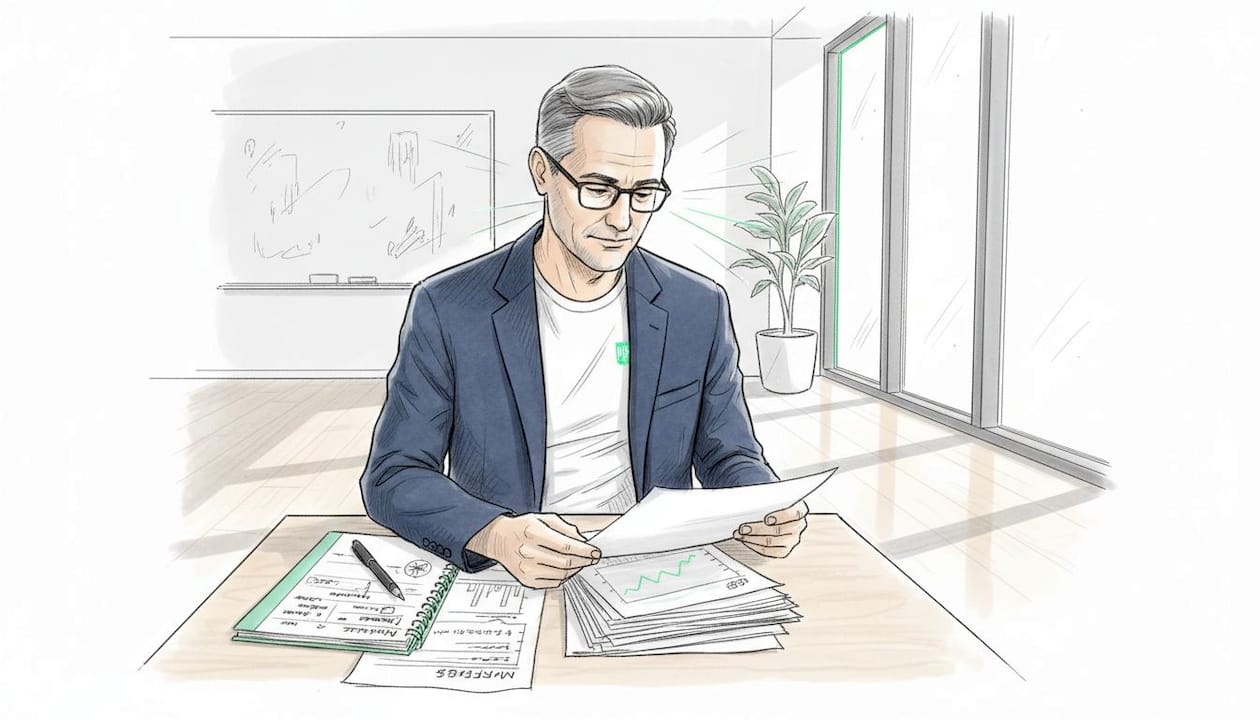 Businessman reviewing printed business plan