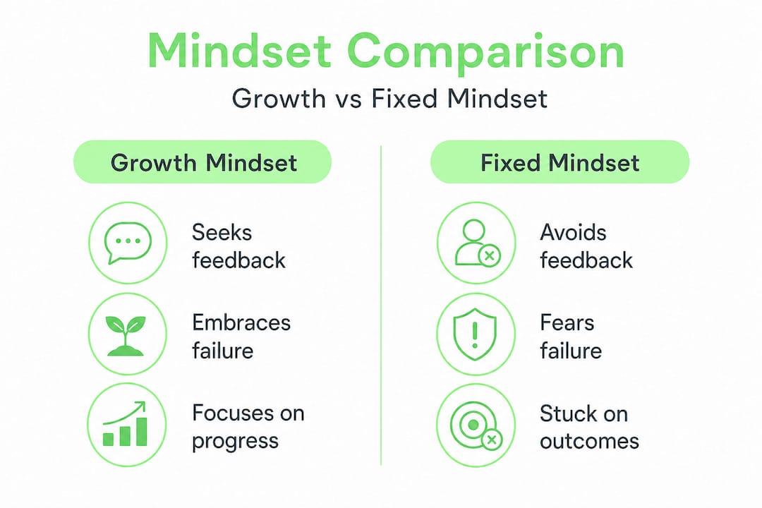 Split infographic growth versus fixed mindset