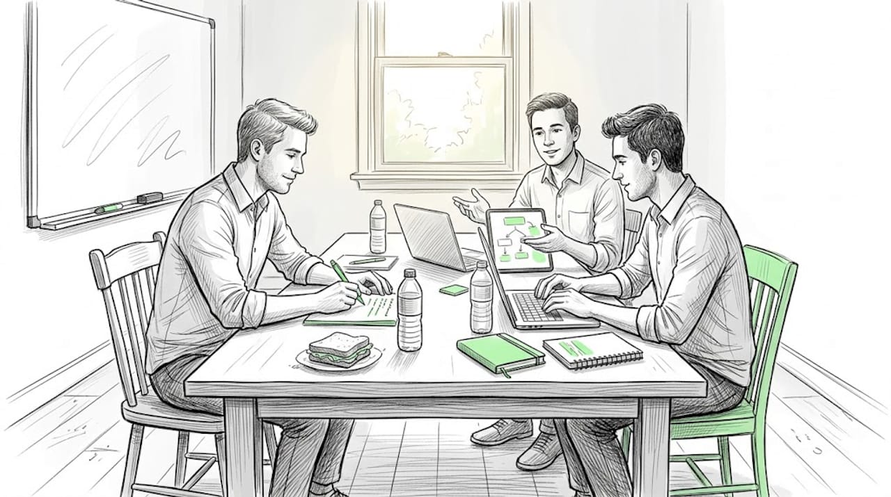 Startup founders debating strategy around workspace