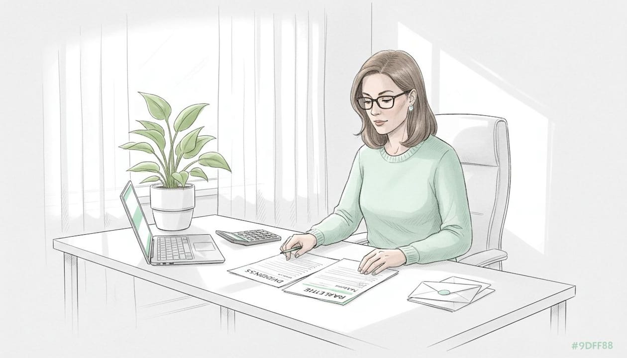 Woman reviewing dividend statements at home