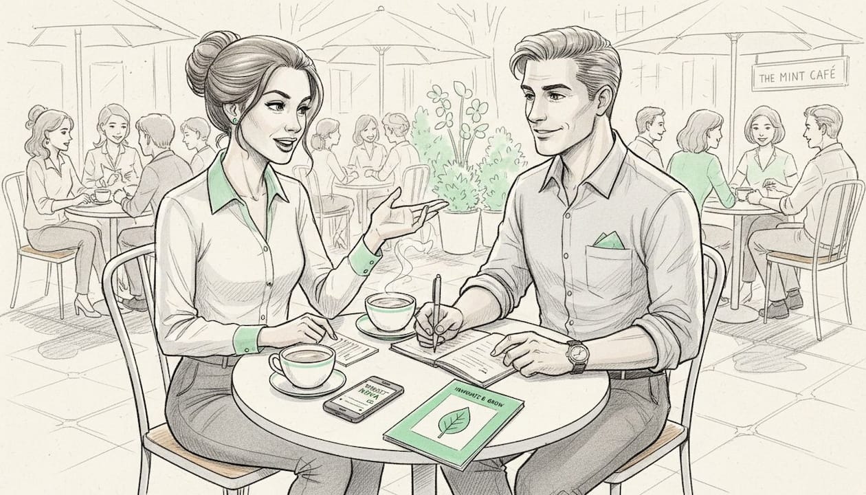 Networking pitch in coffee shop discussion