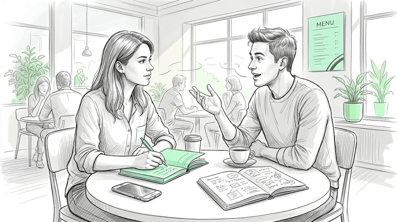 Business owner interviewing customer in café