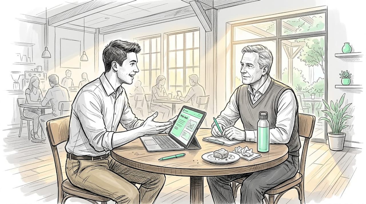 Founder and VC negotiating with laptops at café table