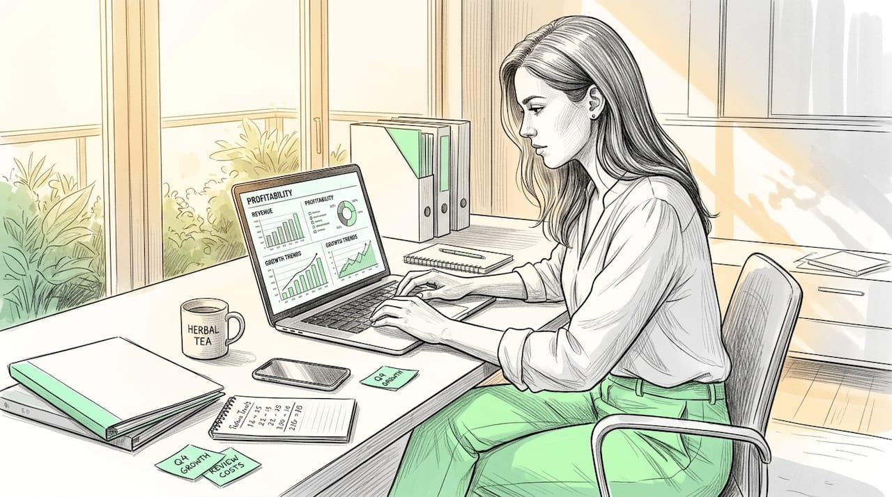 Entrepreneur reviewing profitability metrics in office
