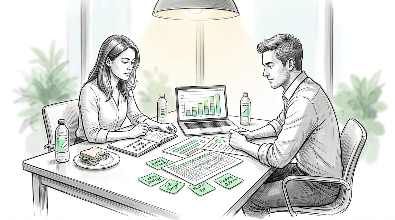 Startup founders analyzing data together