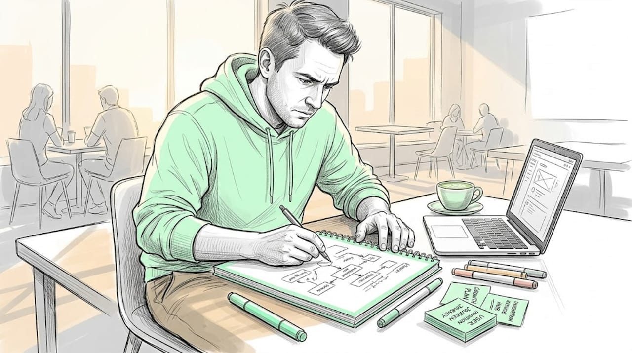 Founder sketches MVP plan at kitchen table