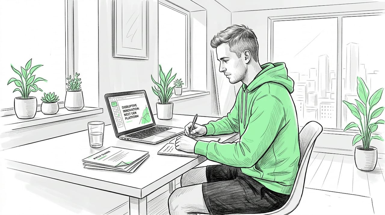 Founder reviewing pitch deck at dining table