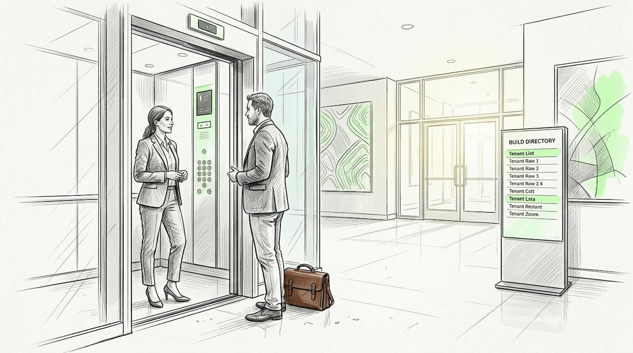 Professionals discussing in office elevator lobby