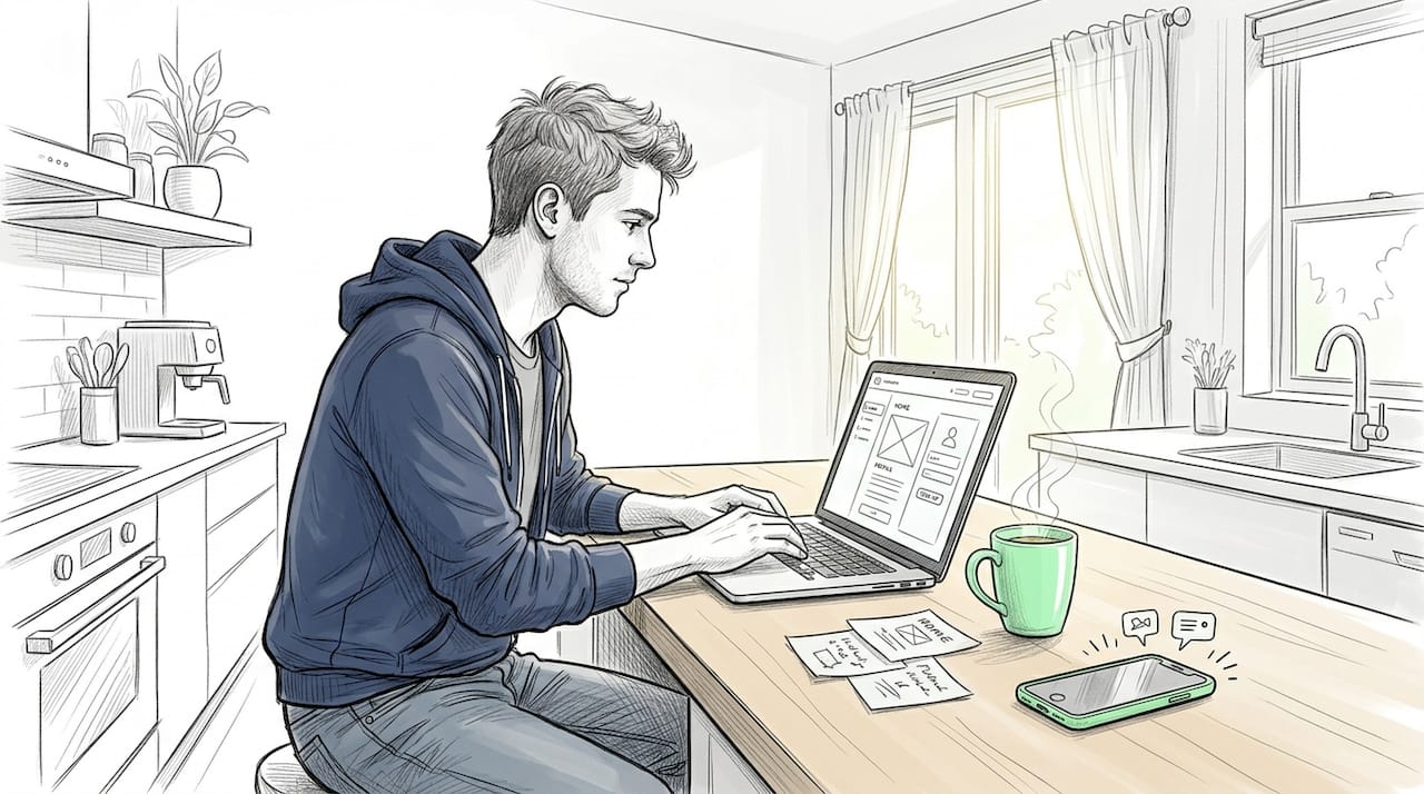 Founder working on MVP laptop in kitchen