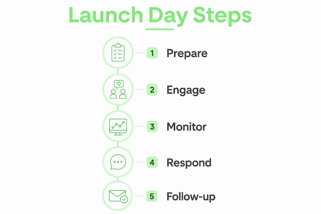 Infographic showing five key steps in Product Hunt launch day