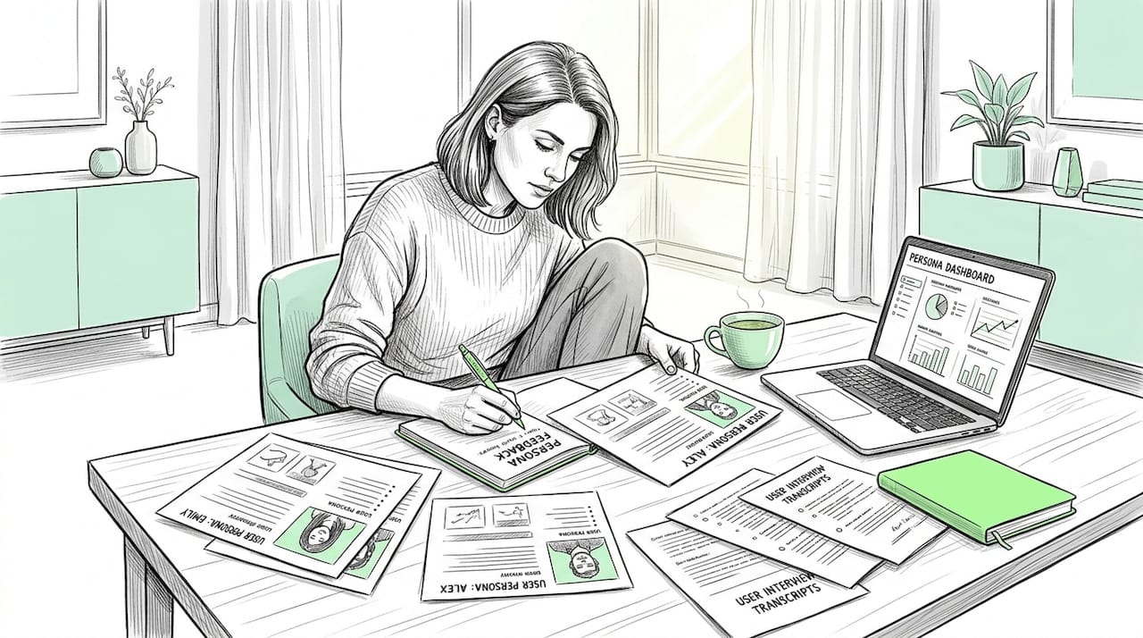 Founder studying user persona documents at desk