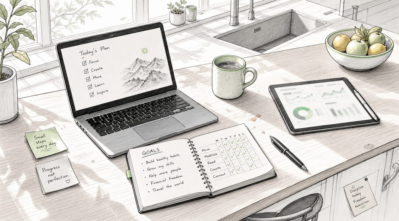 Home office desk with goal tracking tools