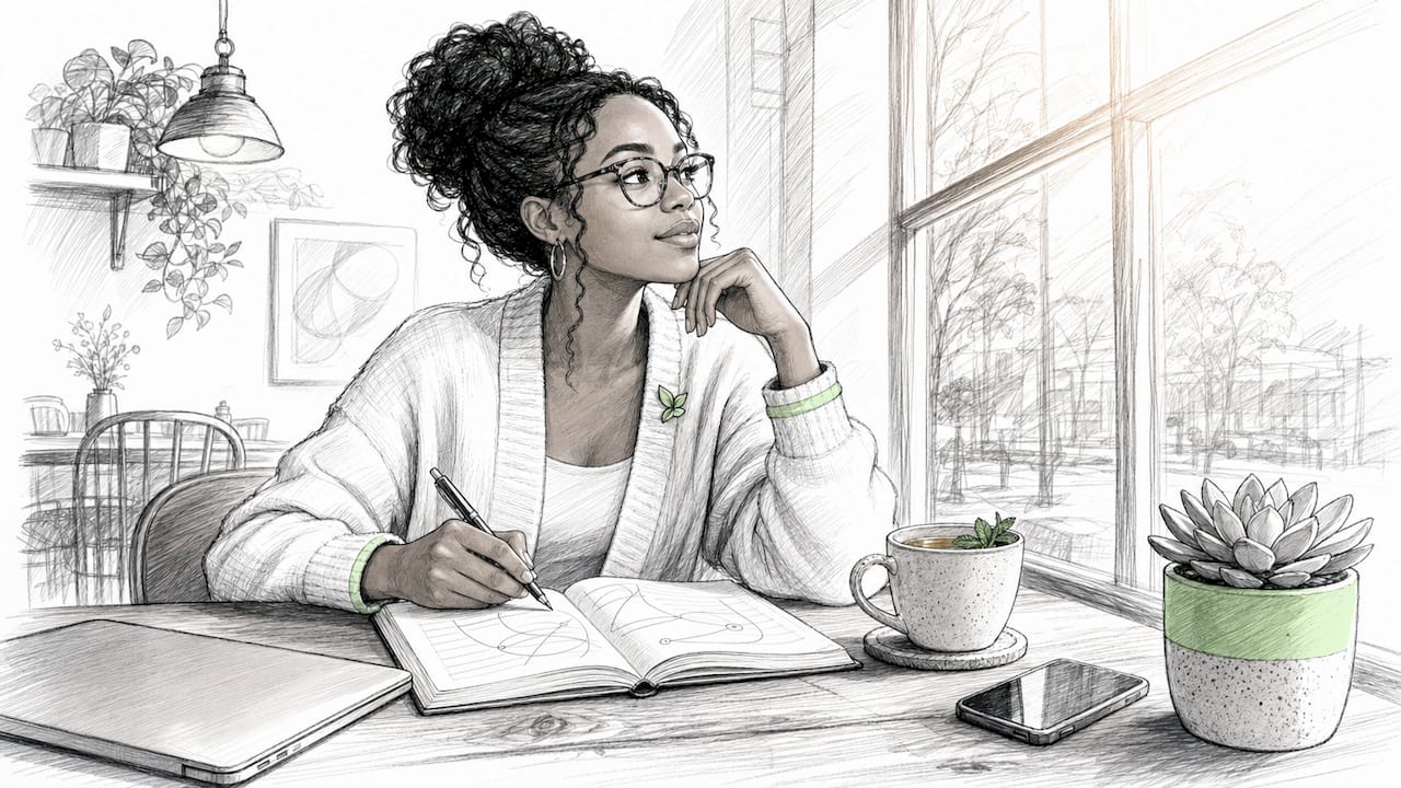 Woman planning goals at urban cafe table
