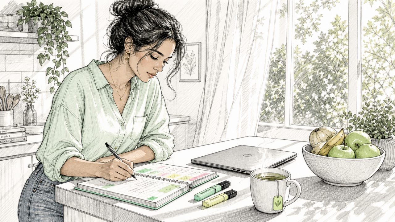 Woman prioritizing tasks at home desk