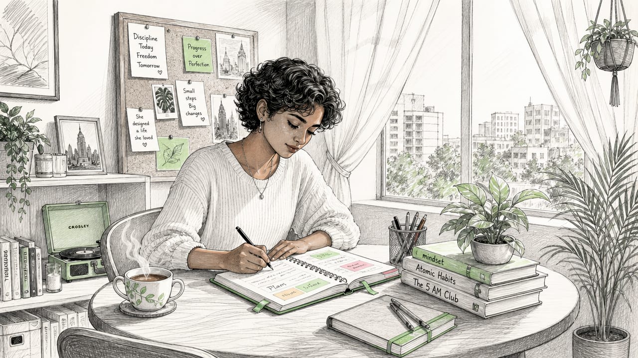 Woman writing motivation notes at home desk