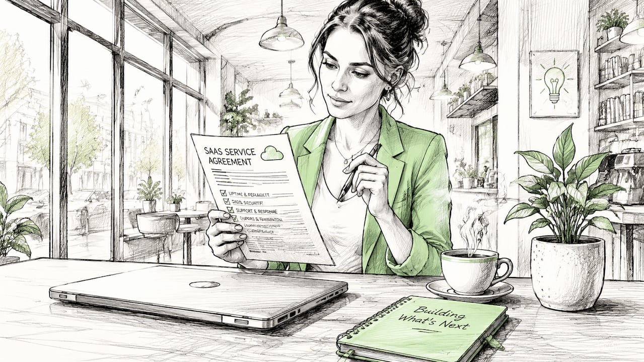 Founder reviewing SaaS documents at desk