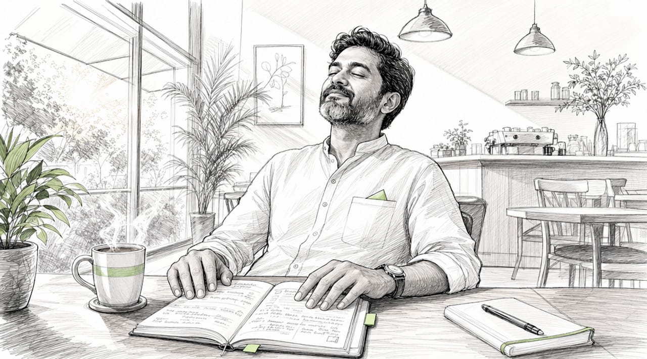 Man taking quiet moment to recover at home office