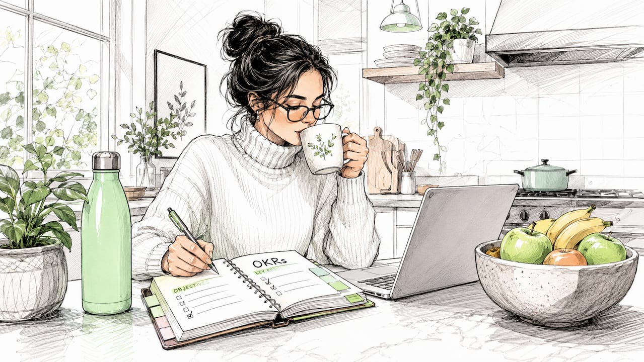 Founder writing OKRs in home office