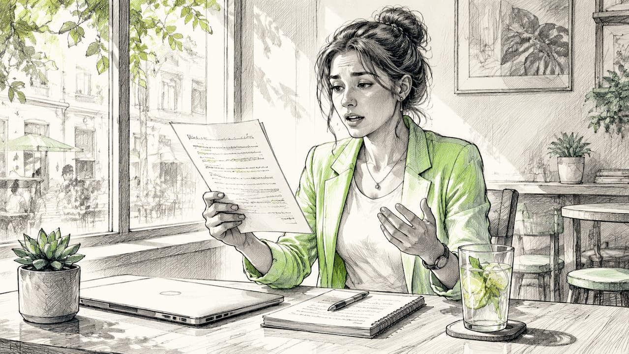 Woman practicing speech nervously at home office