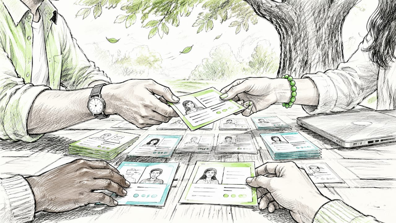 Hands sorting customer profile cards collaboratively