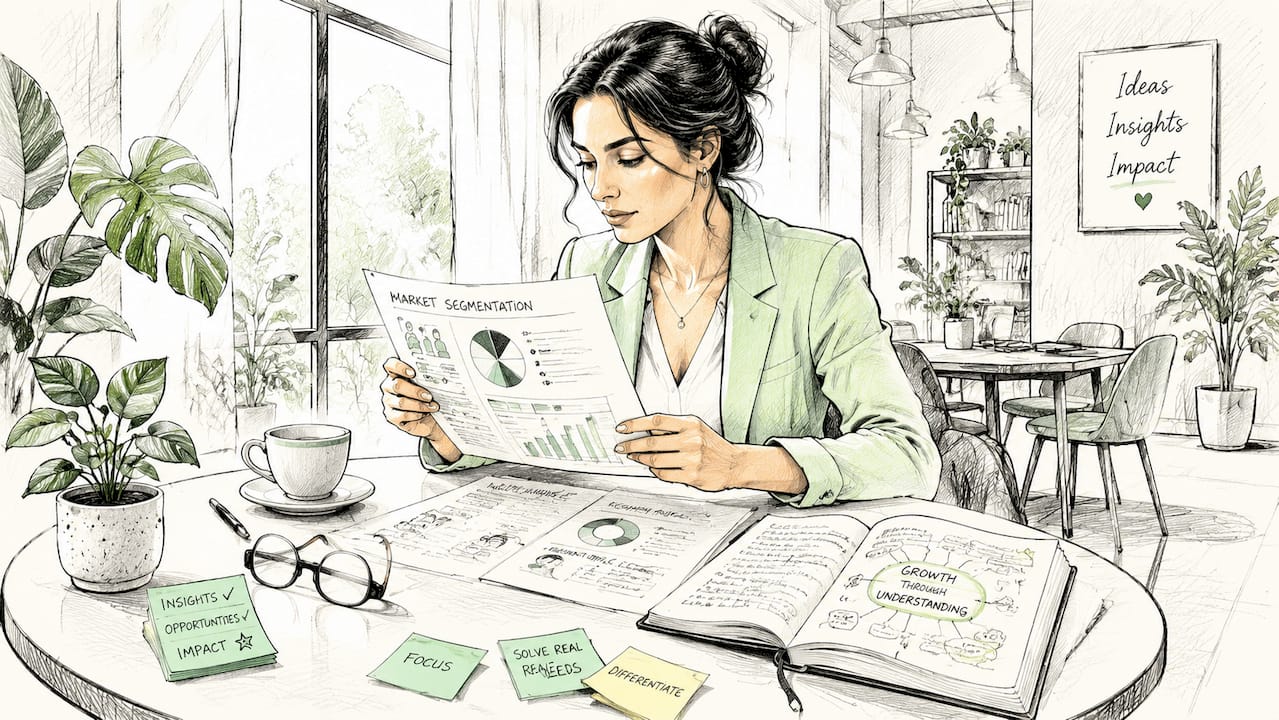 Entrepreneur reviewing market segmentation reports