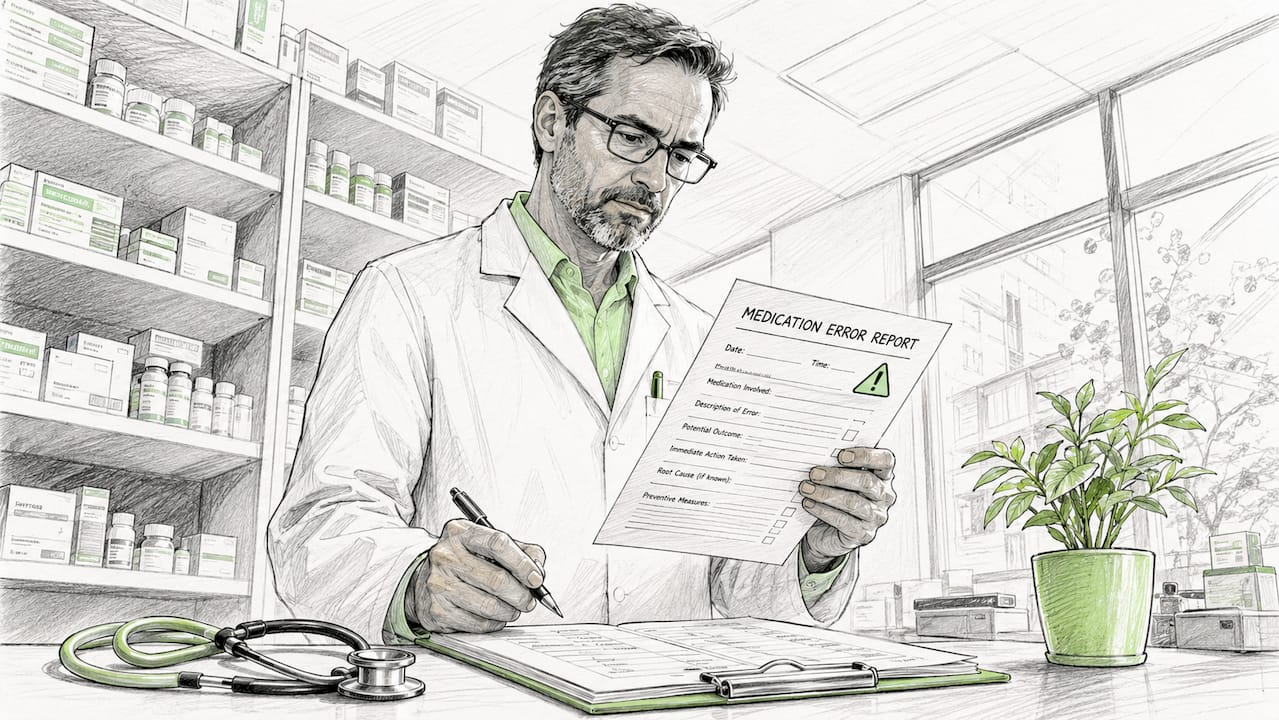 Pharmacist reviewing medication error report