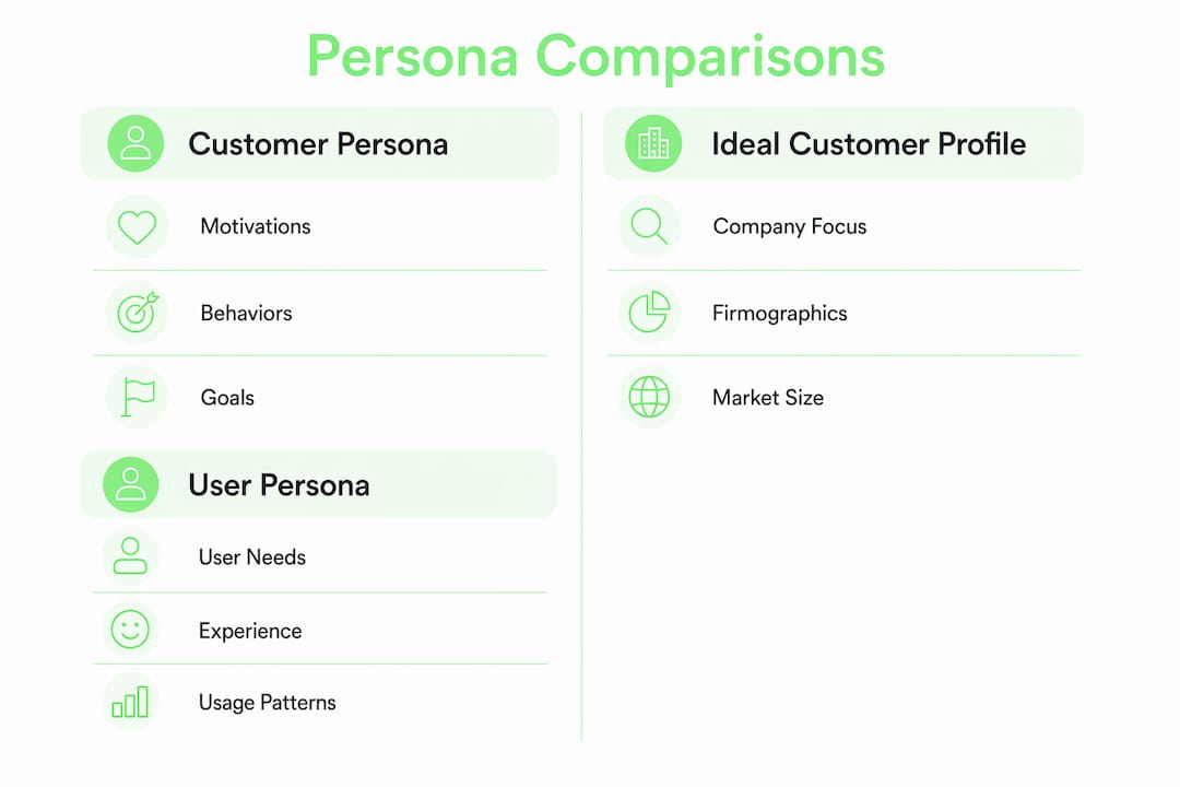 Infographic comparing customer personas, ICPs, and user personas