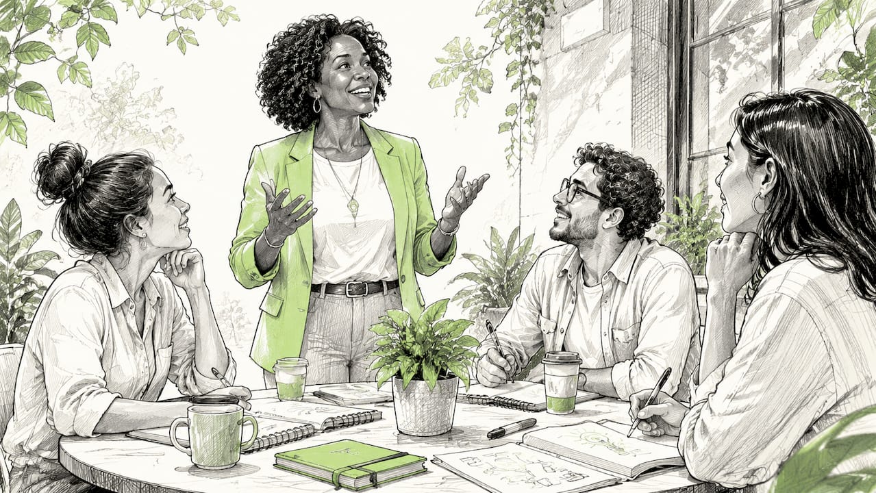 Diverse team collaborating with humble female leader