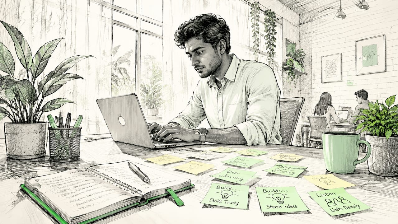 Young man typing in creative office space